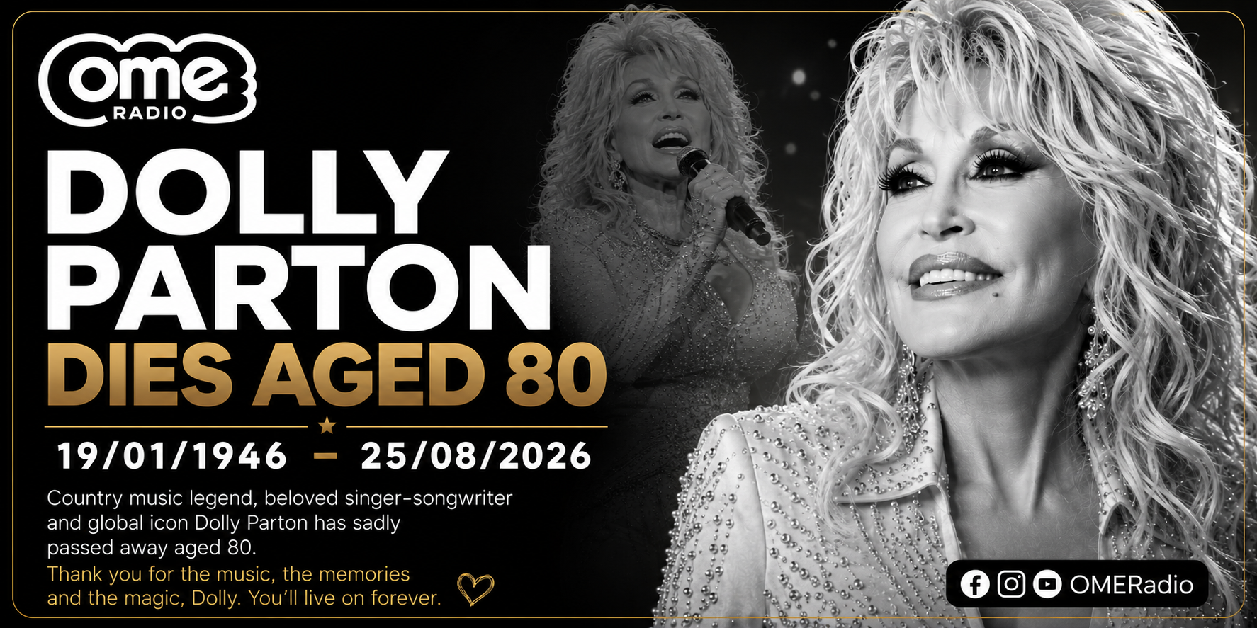 Dolly Parton dies aged 80 as the world mourns a country music icon.
